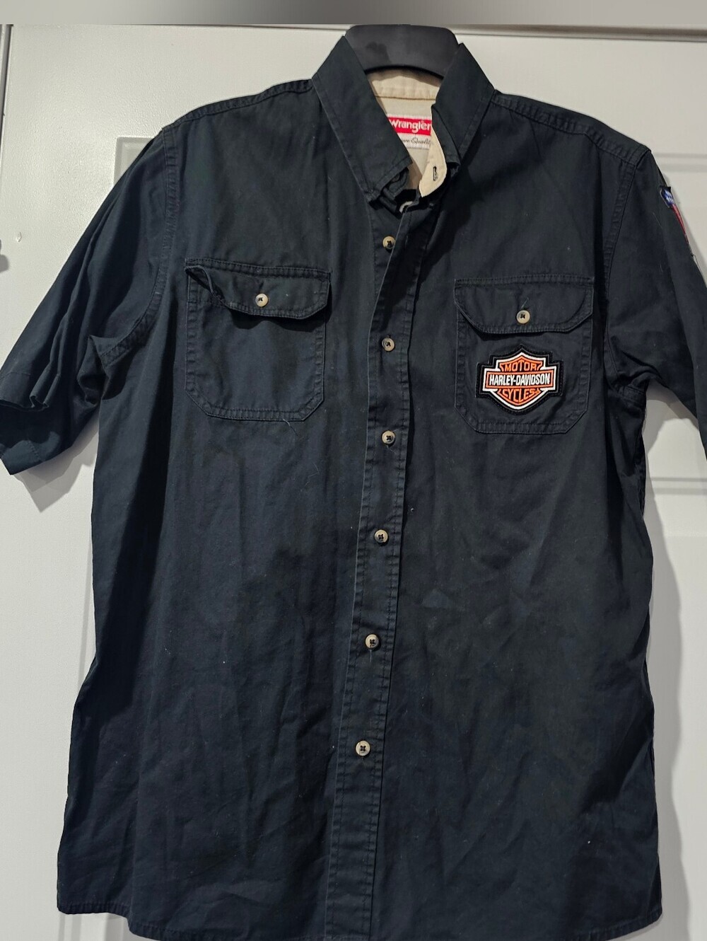 Harley Davidson Wrangler Black Short-Sleeve Button-Down Shirt with Patch Size M